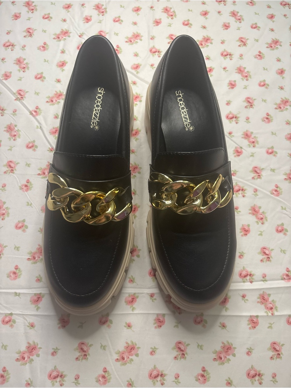 Black Loafers with Gold Chain Accent